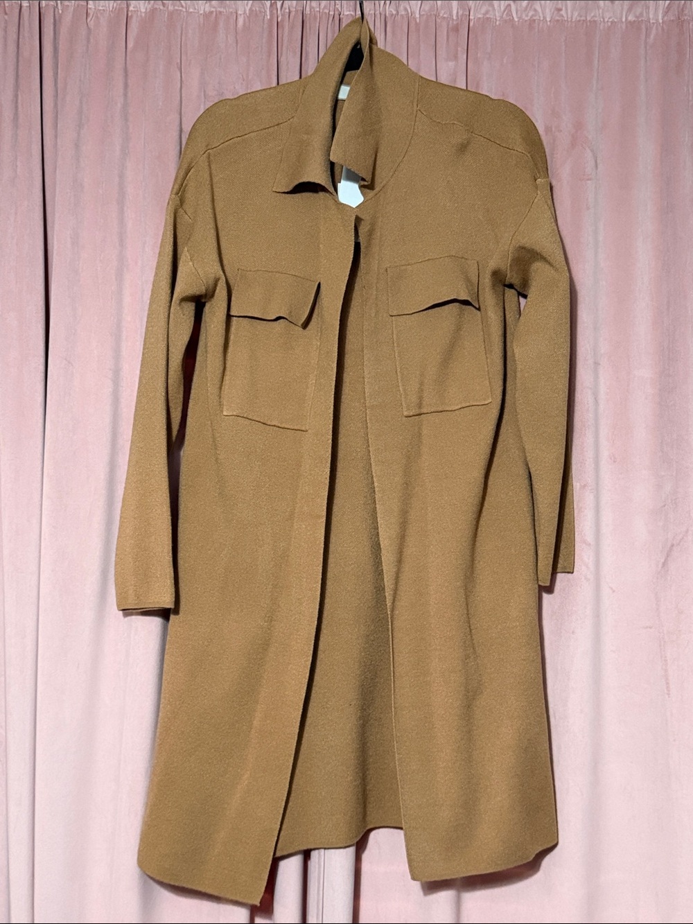 Long Open-Front Tan Cardigan with Flap Pockets